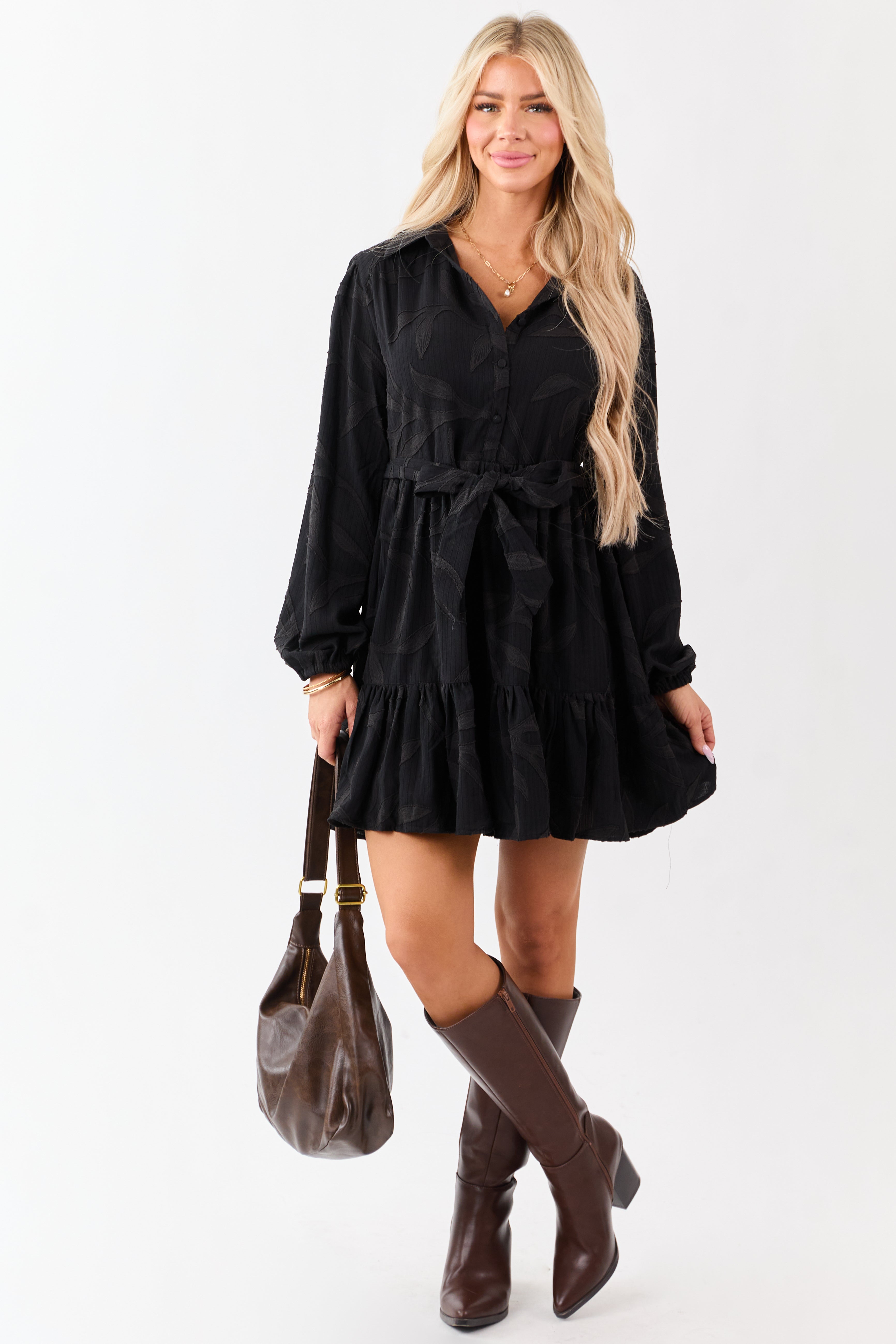 Black Textured Jacquard Leaf Collared Mini Dress