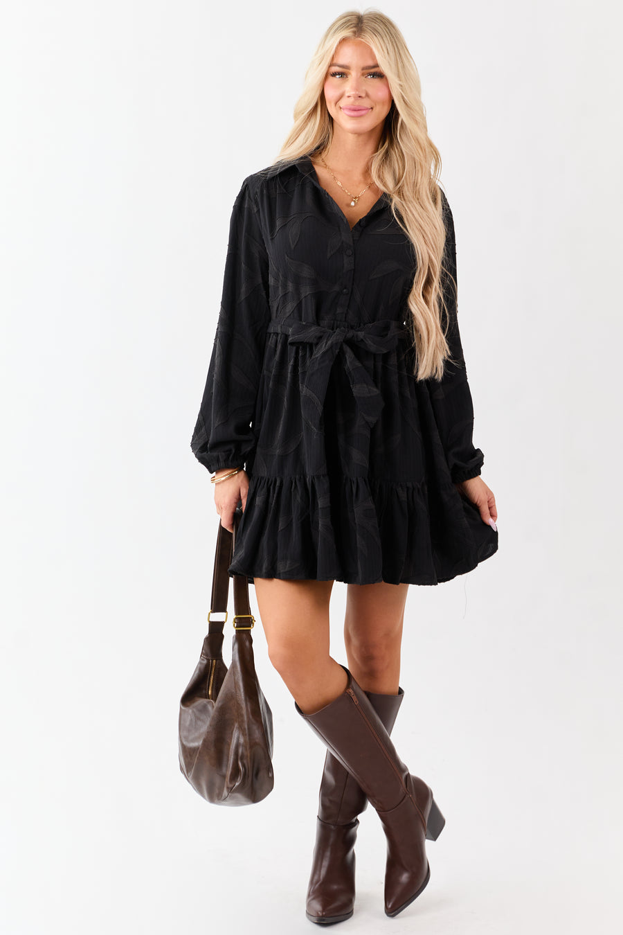 Black Textured Jacquard Leaf Collared Mini Dress