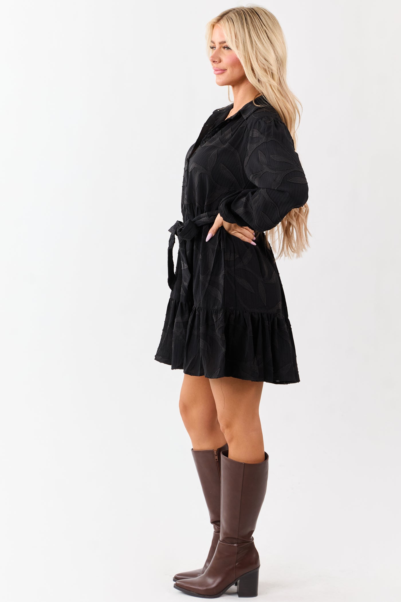 Black Textured Jacquard Leaf Collared Mini Dress