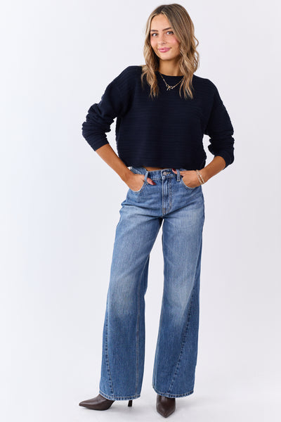 Black Textured Knit Crew Neck Cropped Sweater