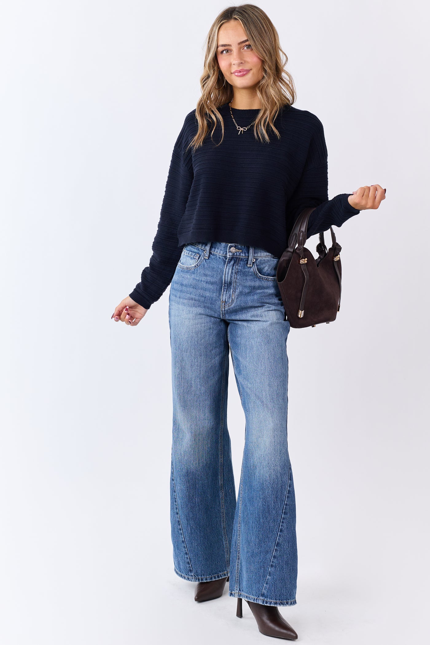 Black Textured Knit Crew Neck Cropped Sweater