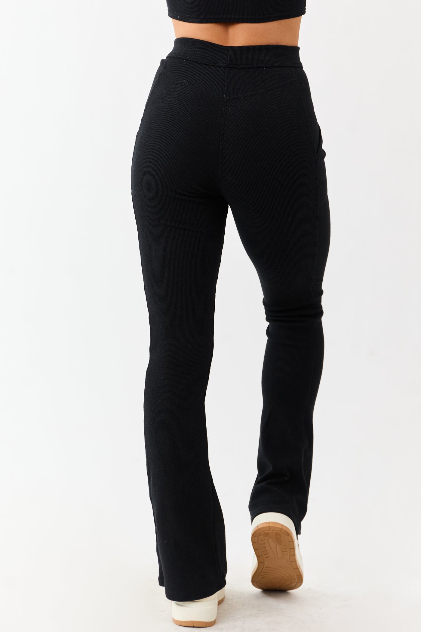 Black Textured Knit High Waist Flare Leggings