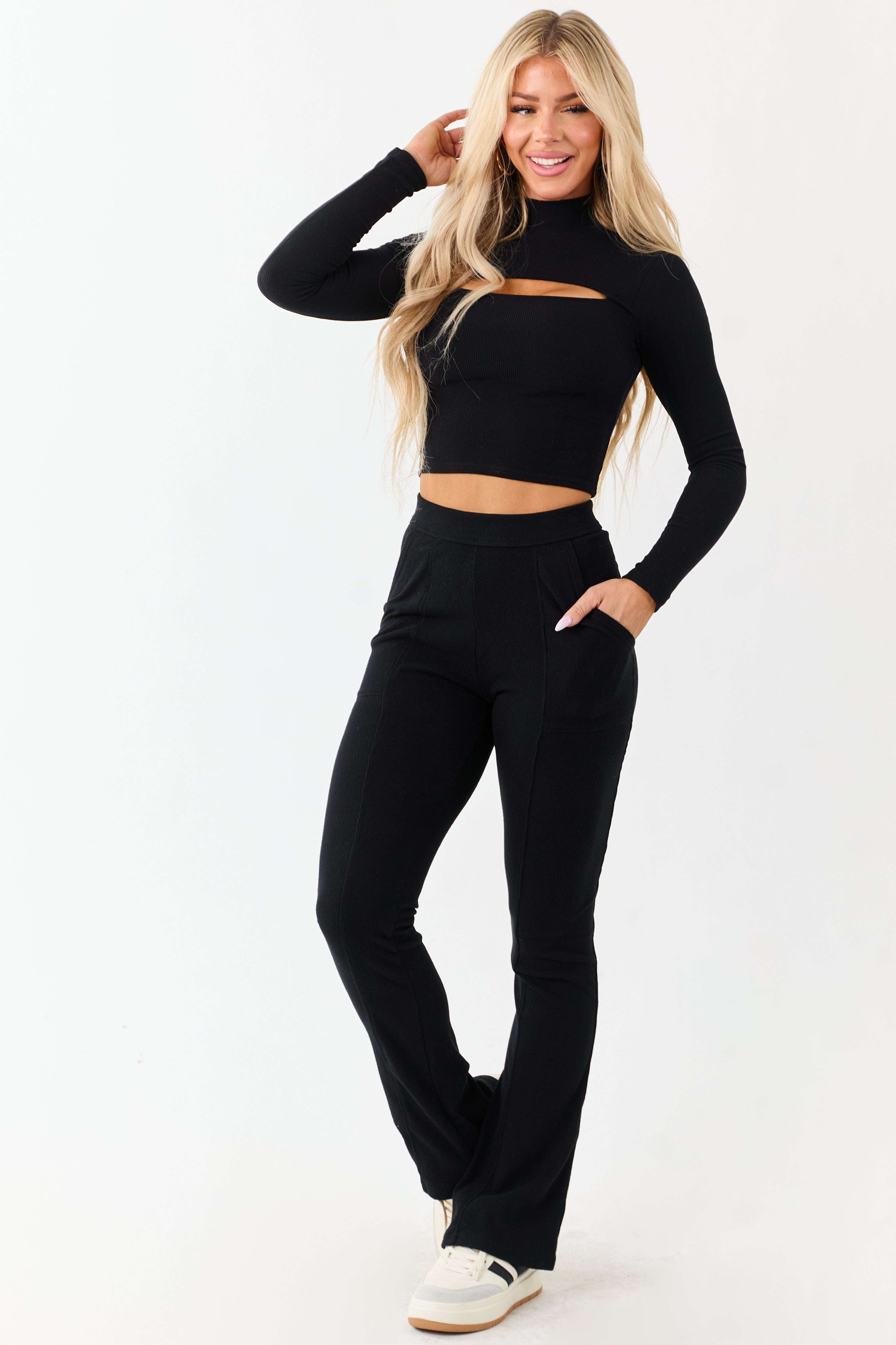 Black Textured Knit High Waist Flare Leggings | Lime Lush Boutique