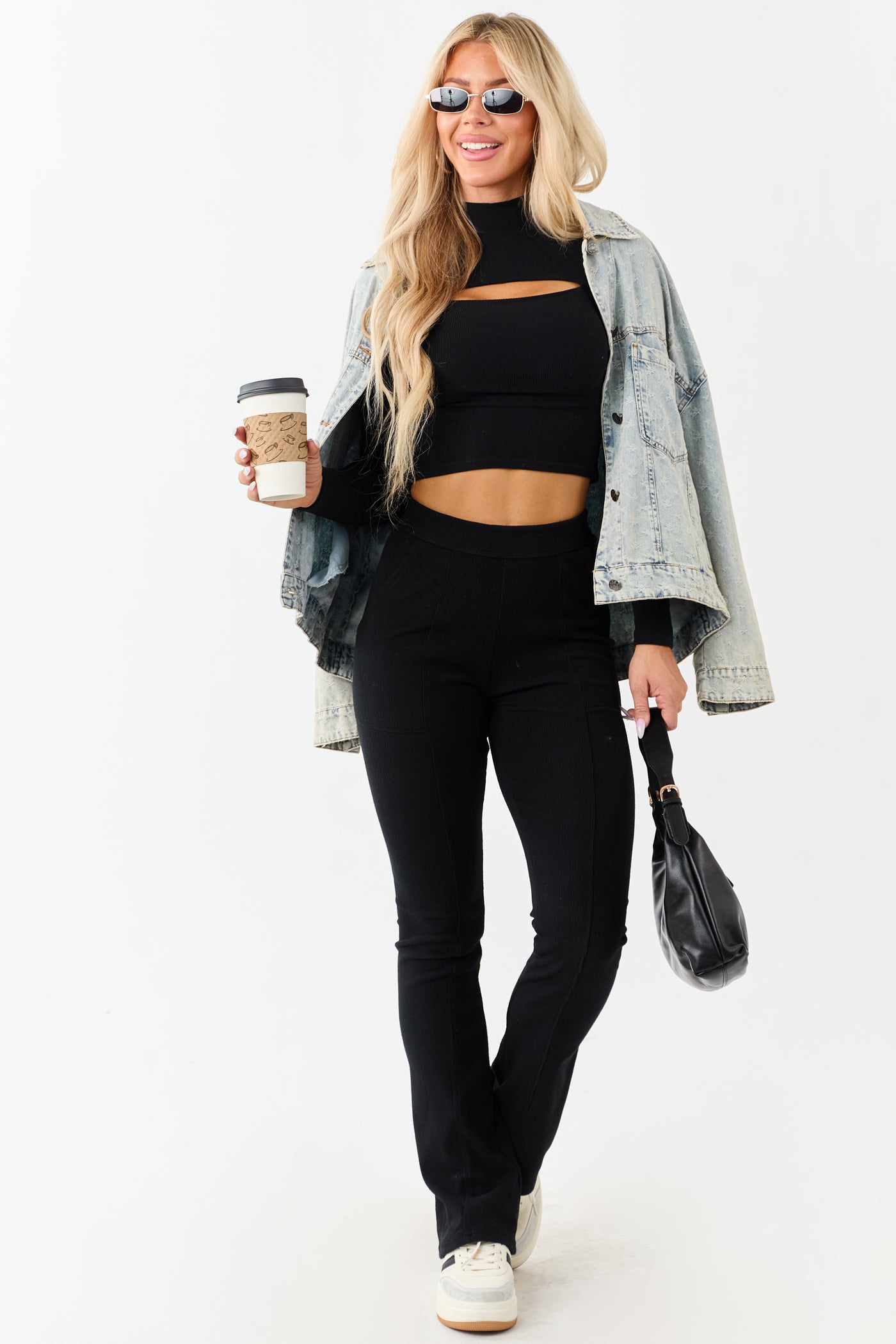 Black Textured Knit High Waist Flare Leggings