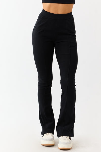 Black Textured Knit High Waist Flare Leggings