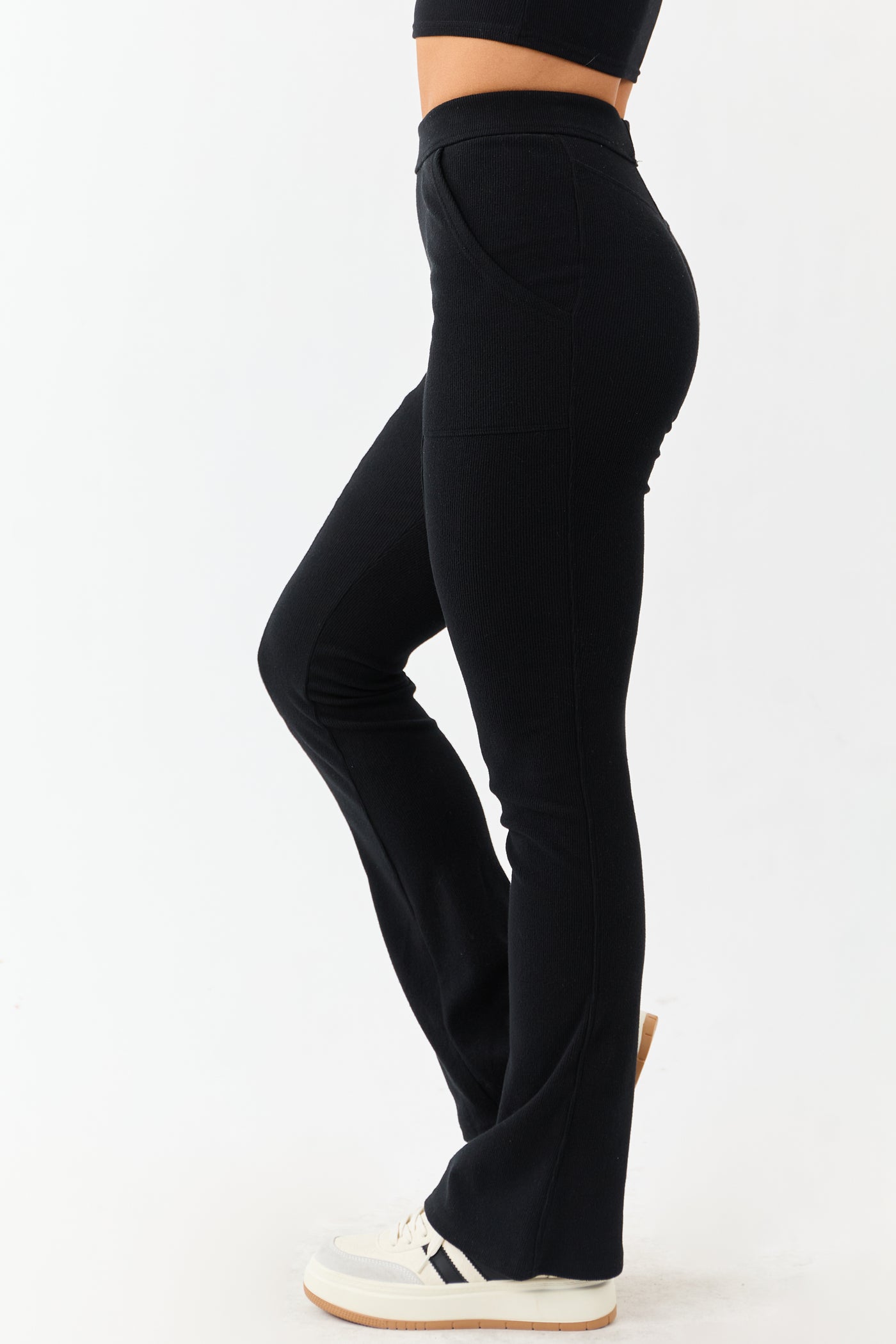 Black Textured Knit High Waist Flare Leggings