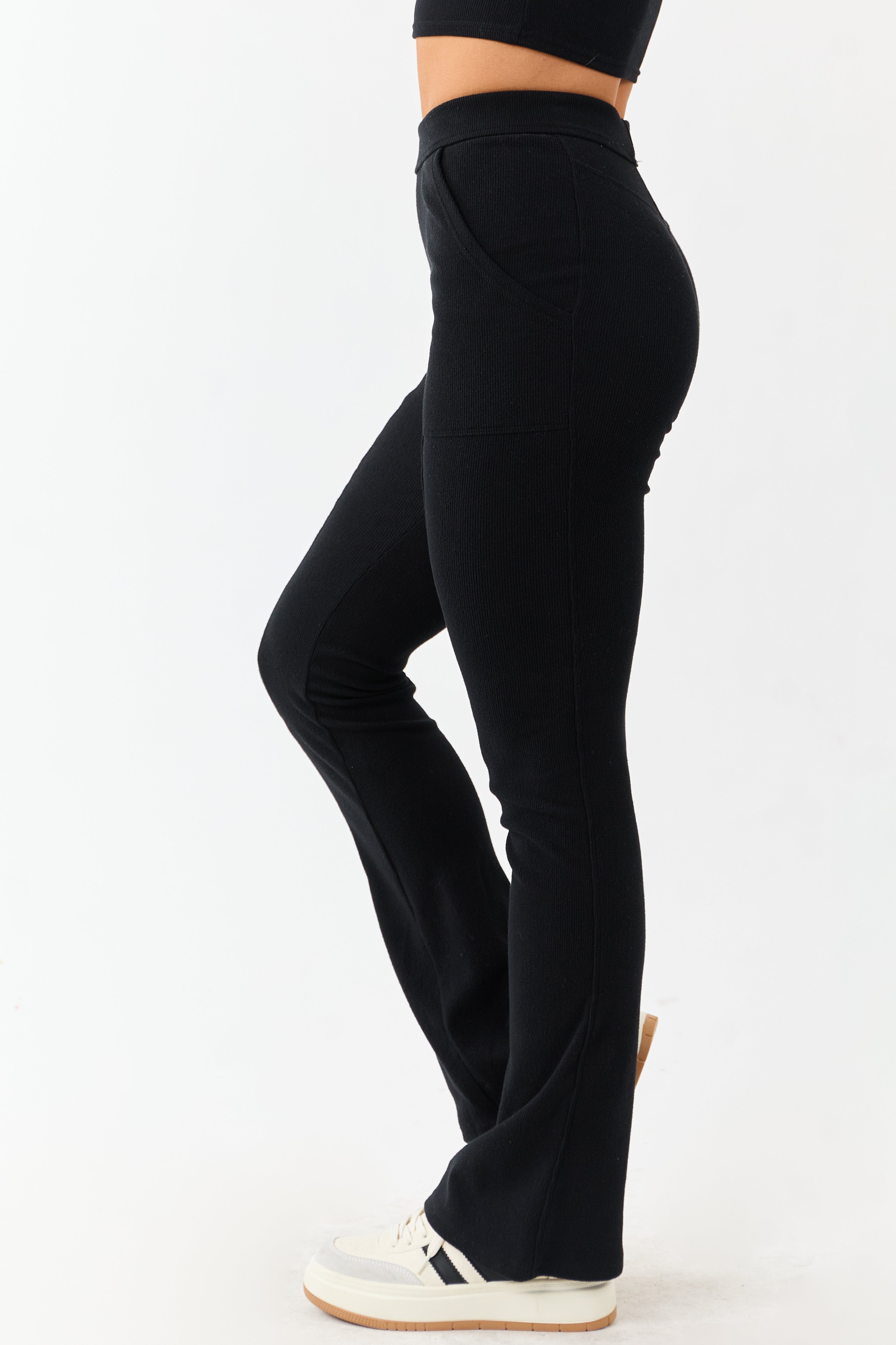 Black Textured Knit High Waist Flare Leggings