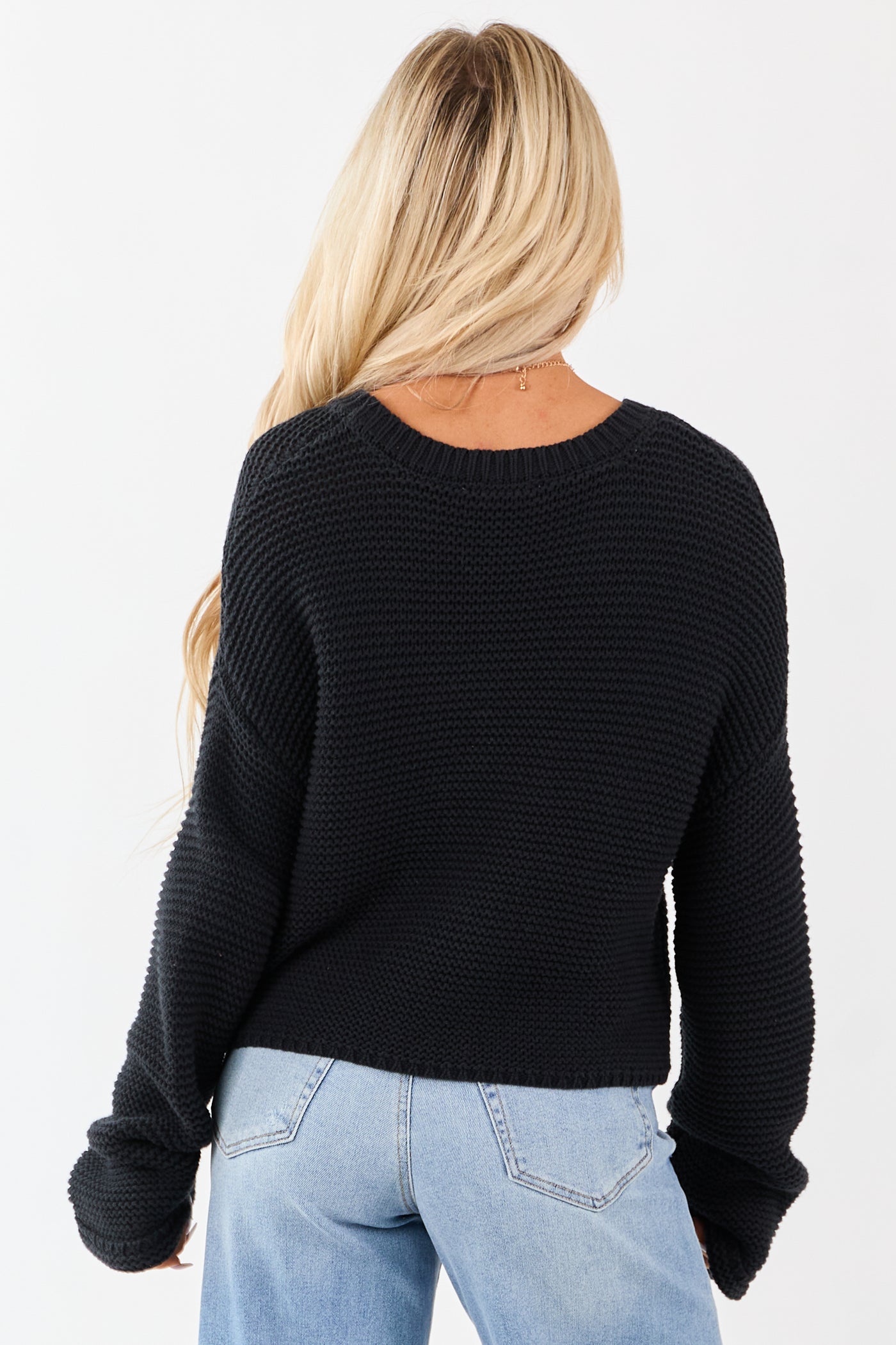 Black Textured Knit Long Sleeve Crop Sweater
