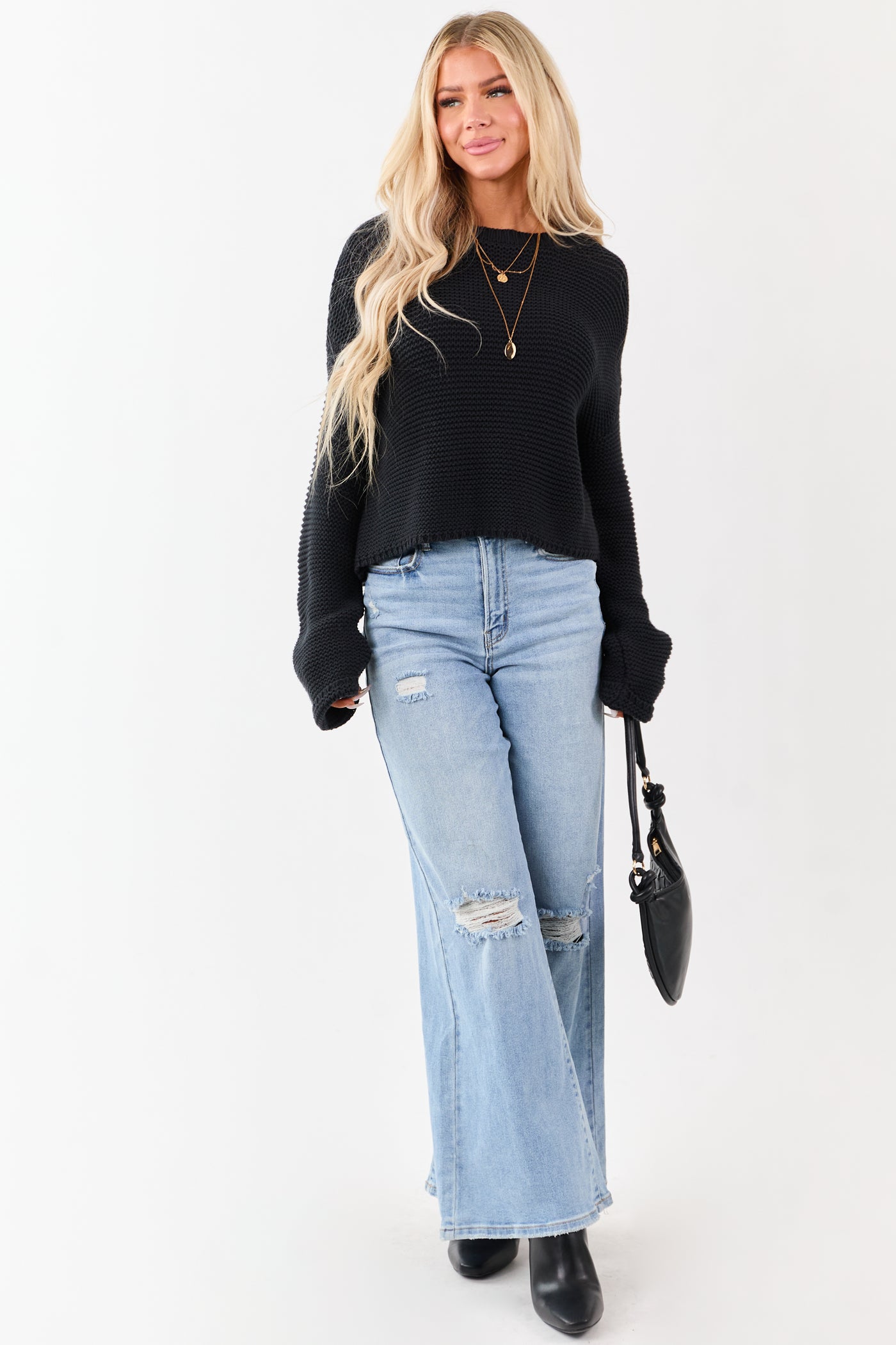Black Textured Knit Long Sleeve Crop Sweater