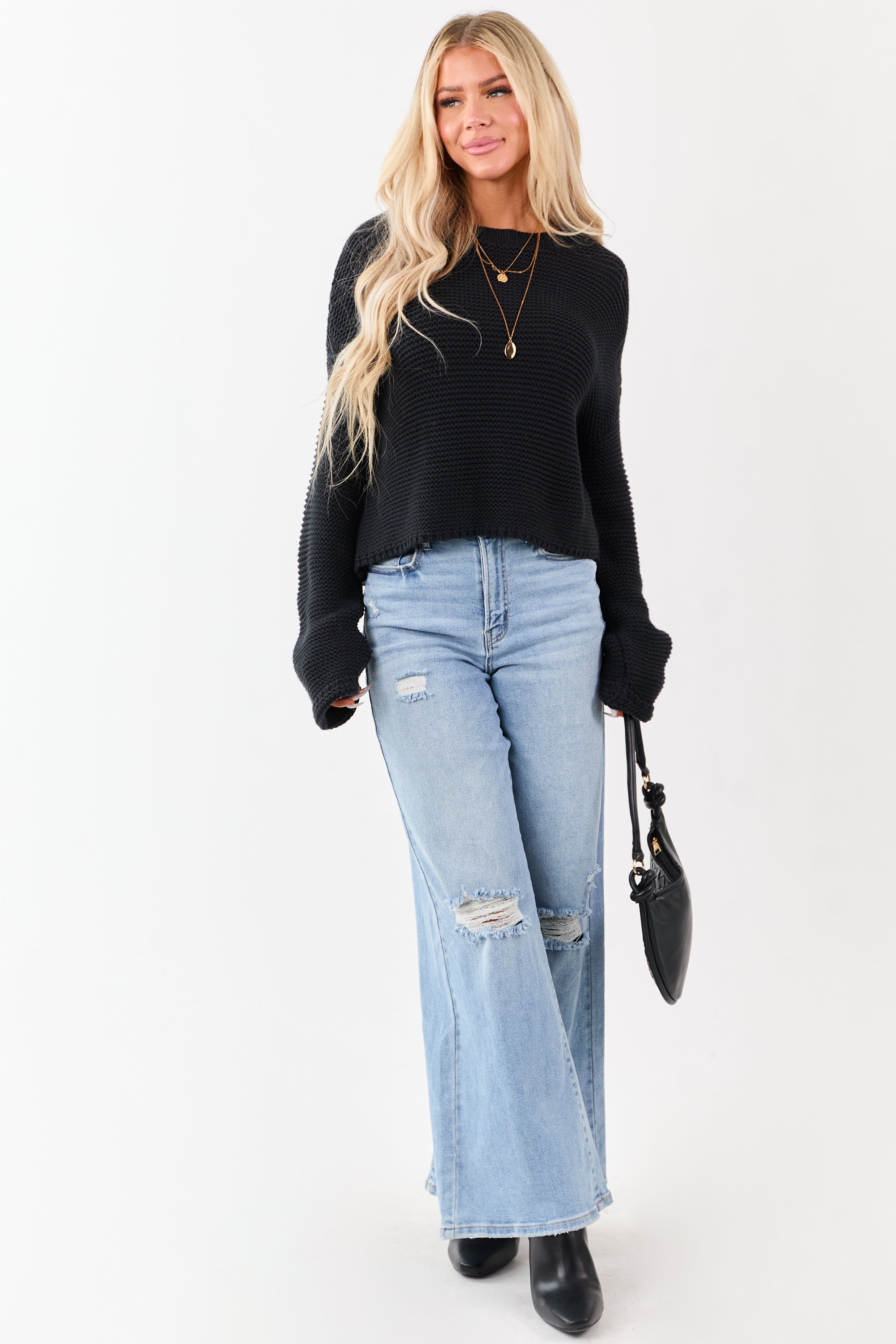 Black Textured Knit Long Sleeve Crop Sweater
