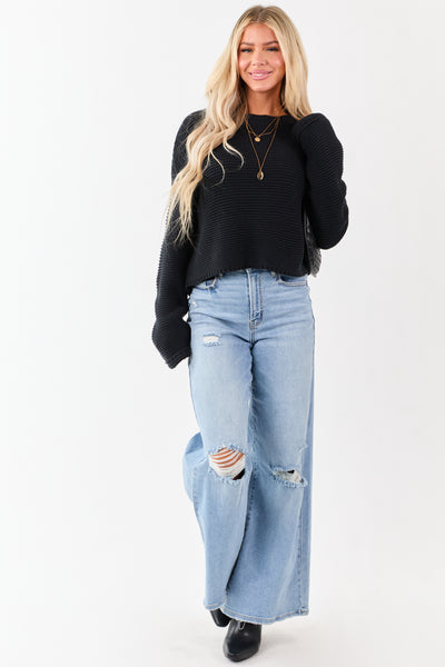 Black Textured Knit Long Sleeve Crop Sweater