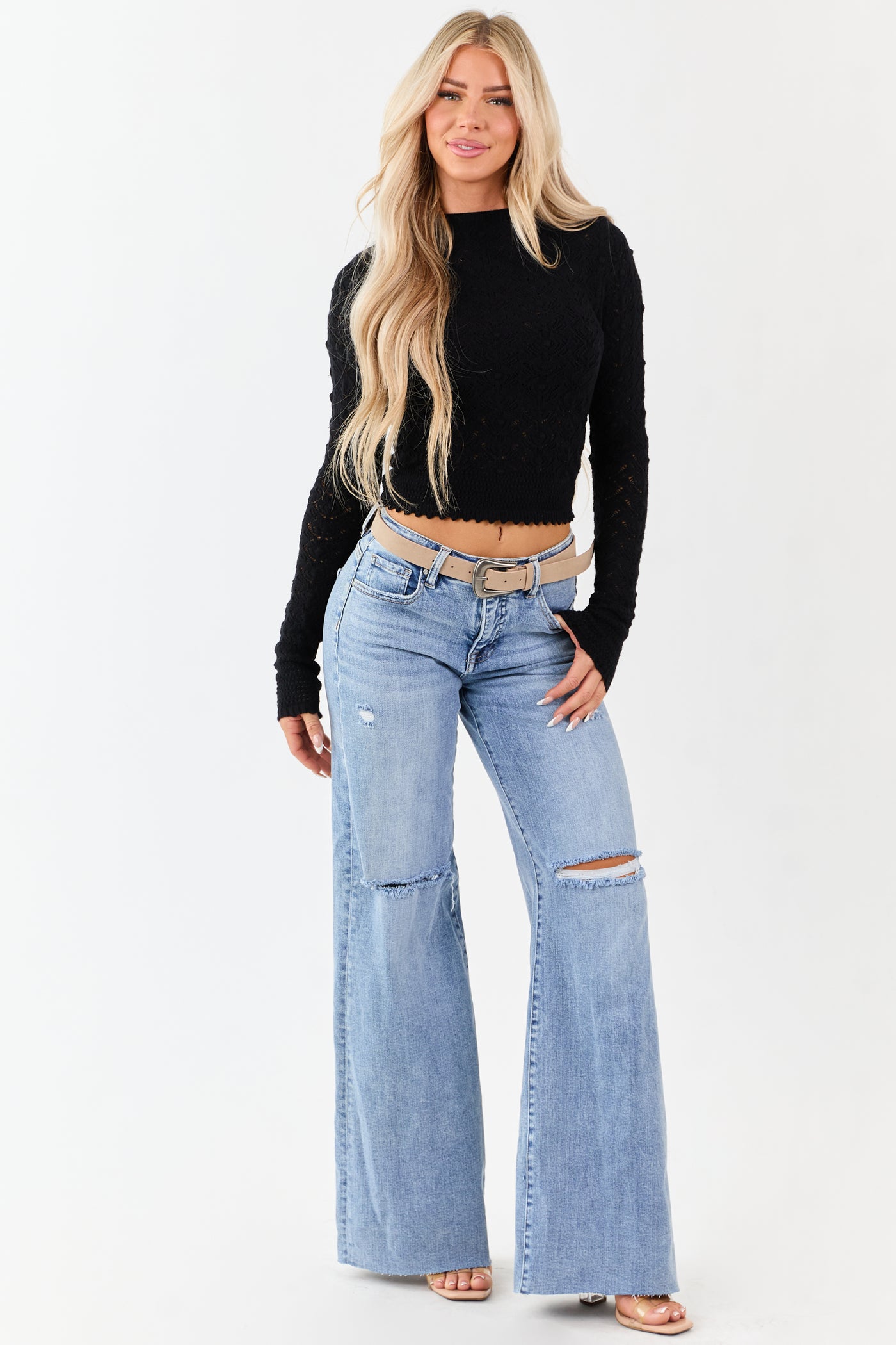 Black Textured Pointelle Knit Sweater