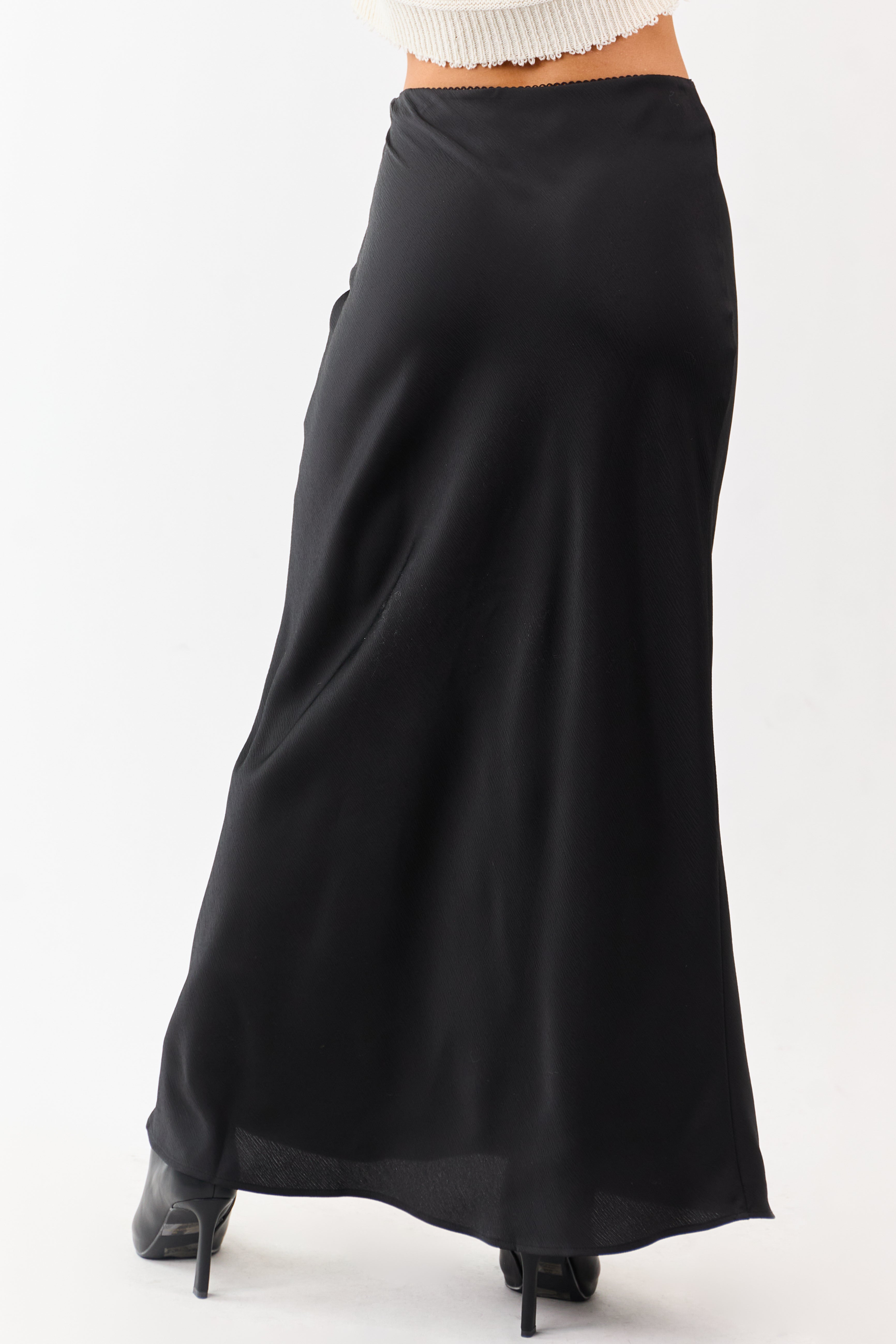 Black Textured Satin Bow Detail Maxi Skirt