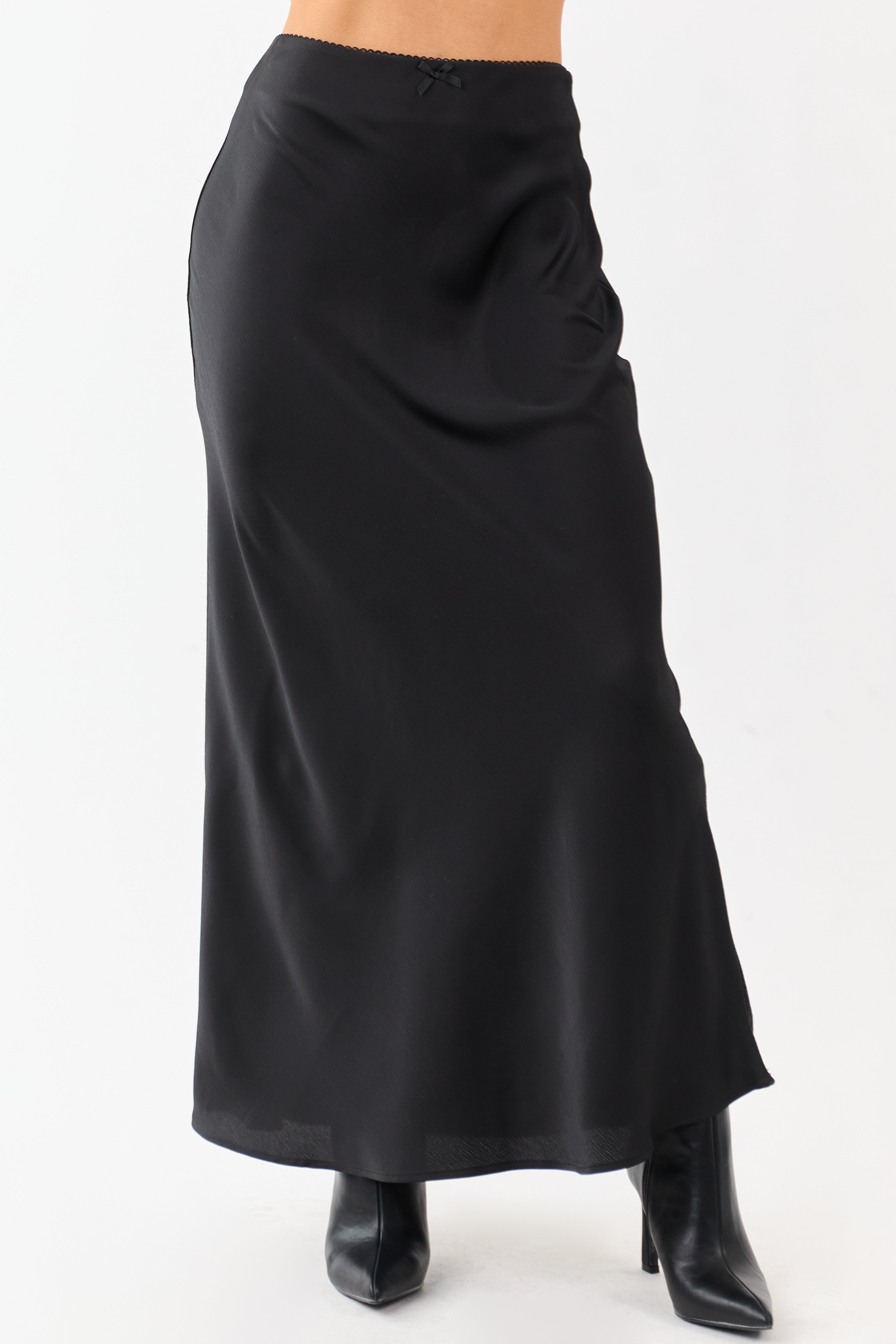 Black Textured Satin Bow Detail Maxi Skirt