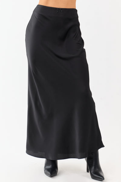 Black Textured Satin Bow Detail Maxi Skirt