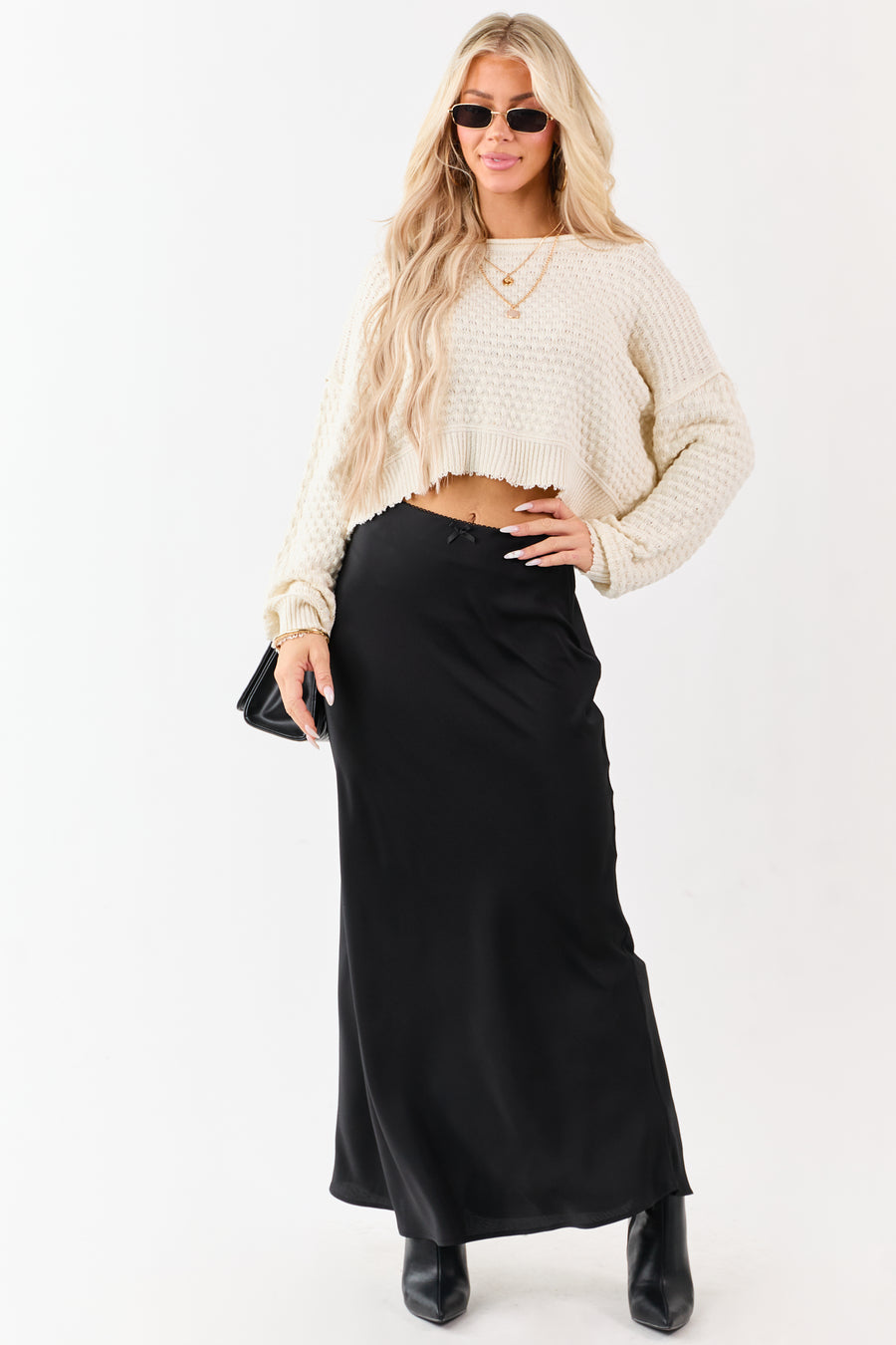 Black Textured Satin Bow Detail Maxi Skirt