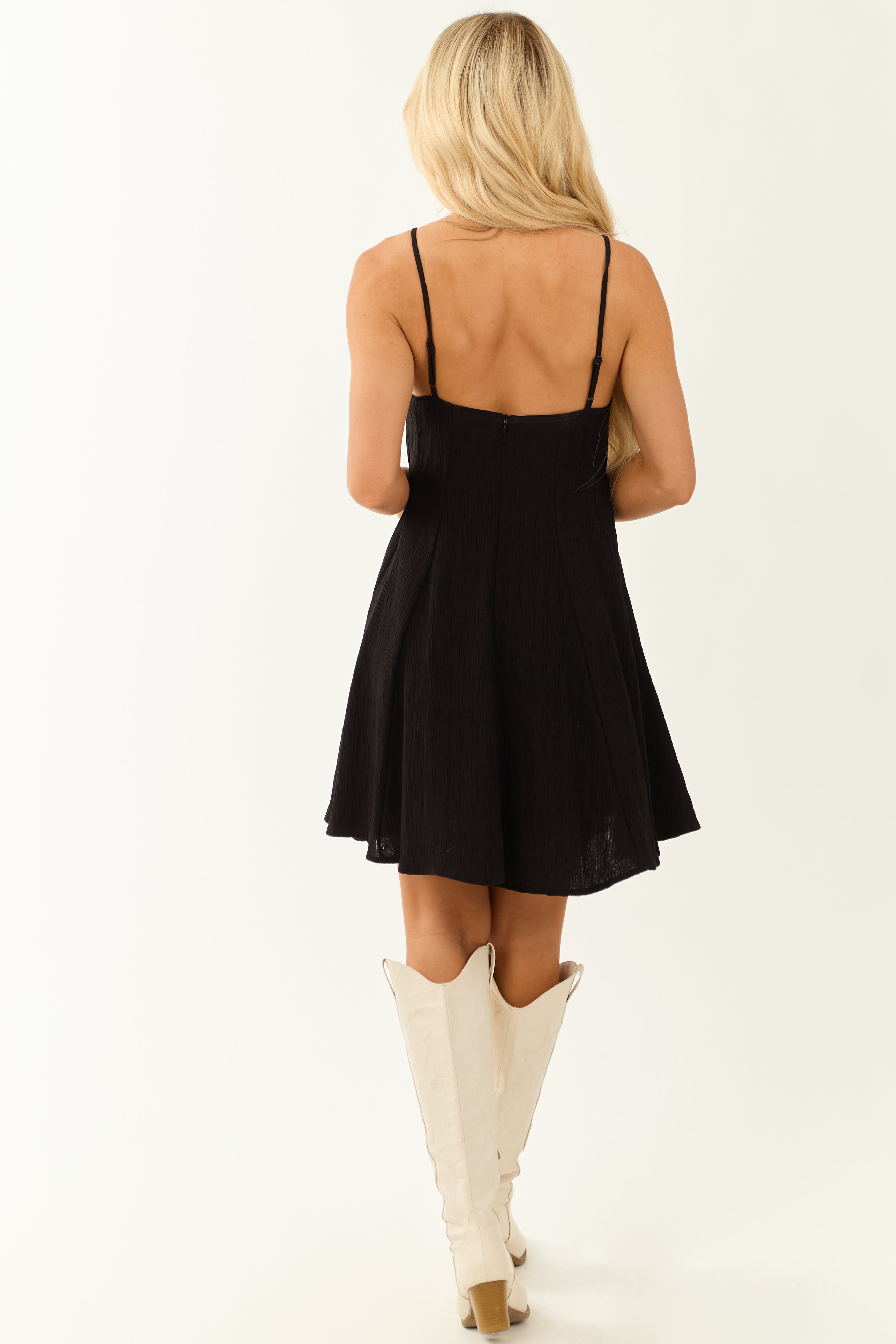 Black Textured Sleeveless V Neck Mini Dress