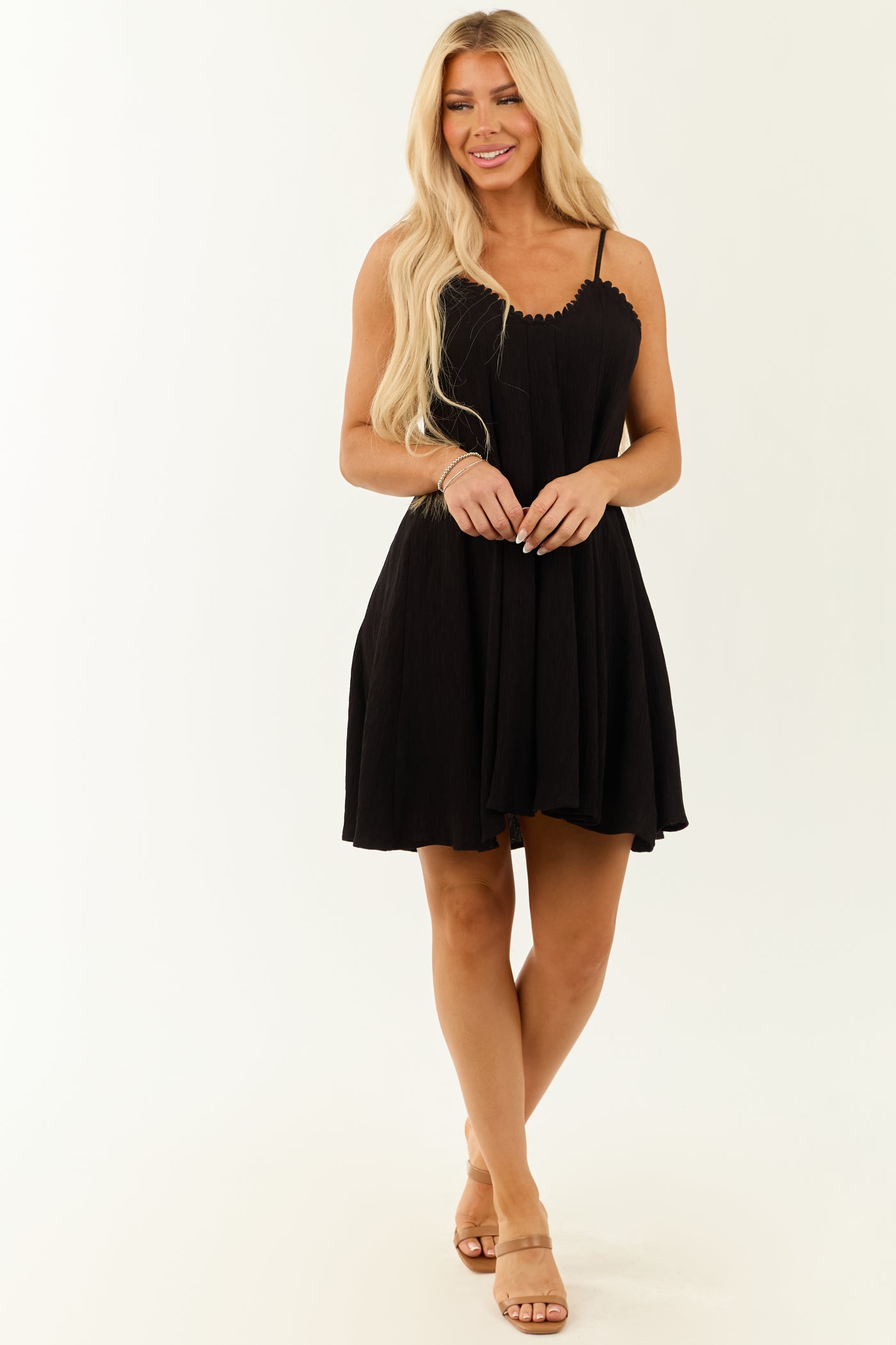 Black Textured Sleeveless V Neck Mini Dress