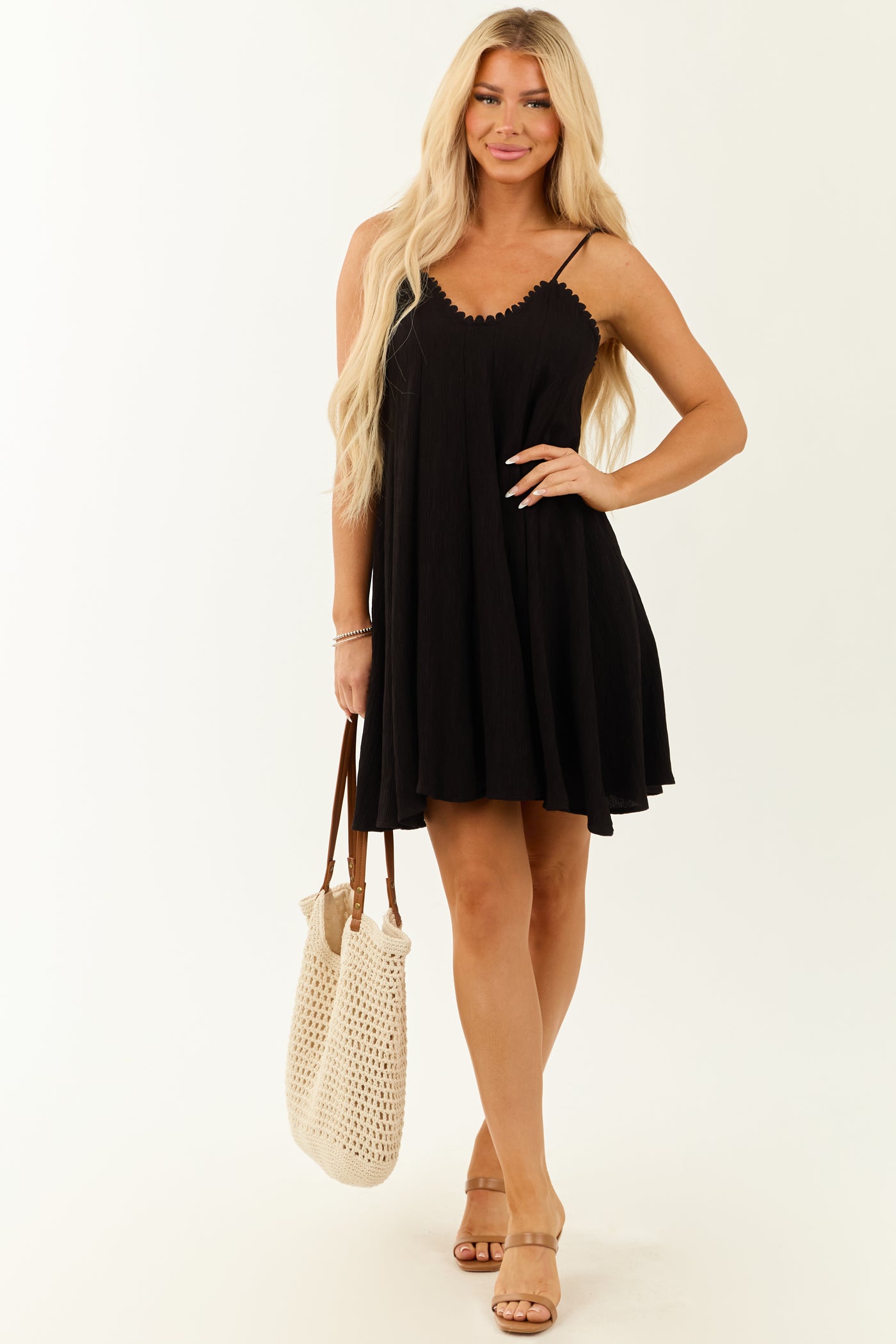 Black Textured Sleeveless V Neck Mini Dress