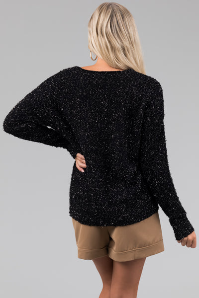 Black Textured V-Neck Lightweight Sweater