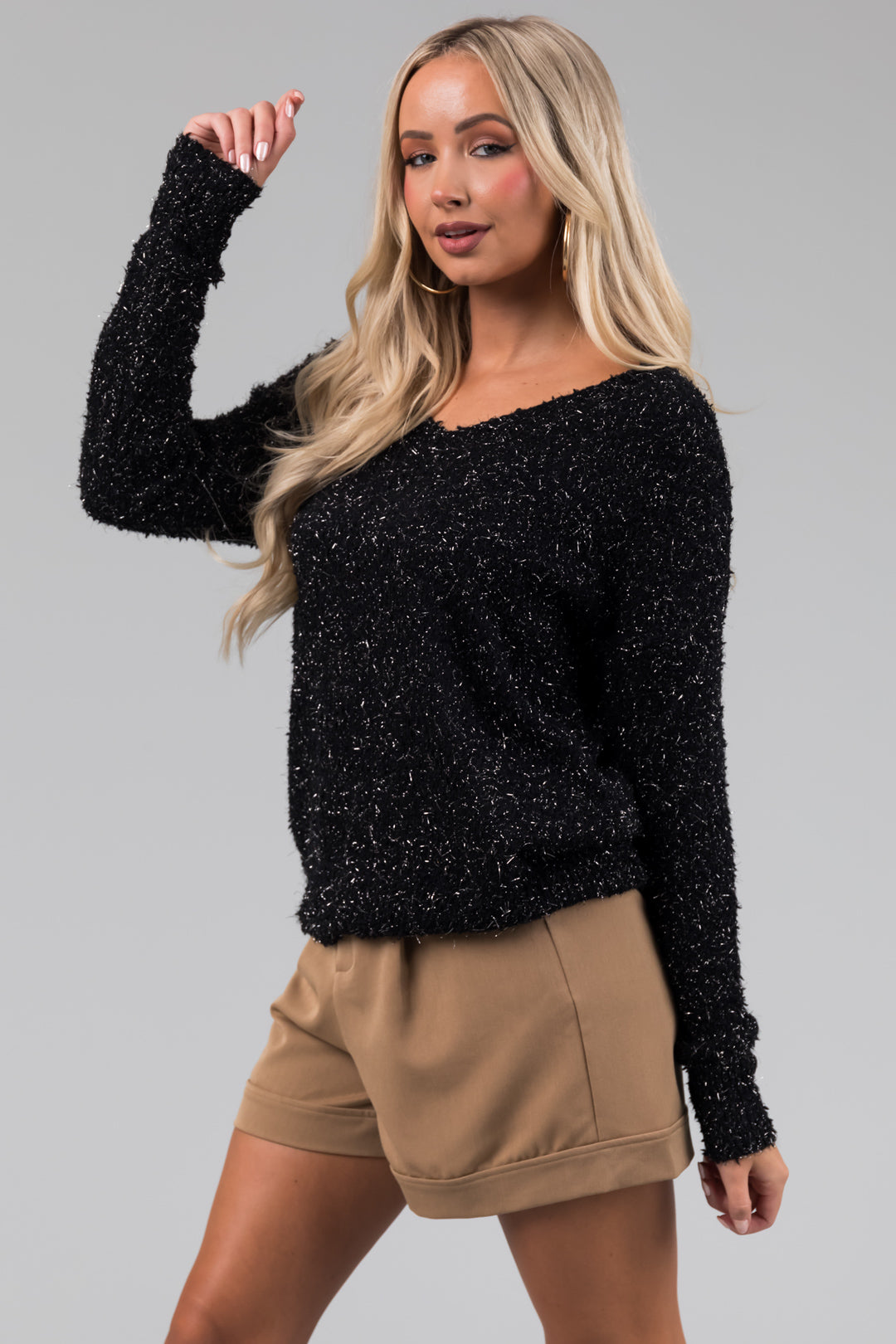 Black Textured V-Neck Lightweight Sweater