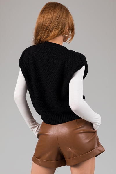 Black Thick Cable Knit Button Sweater Vest