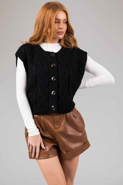 Black Thick Cable Knit Button Sweater Vest