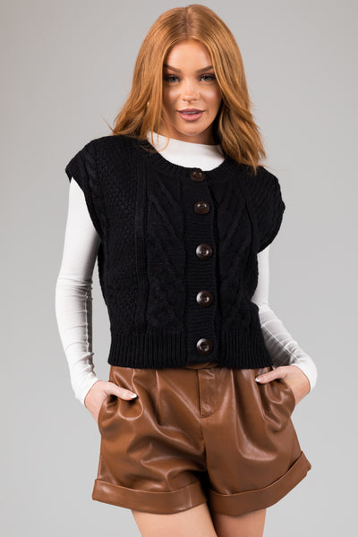 Black Thick Cable Knit Button Sweater Vest