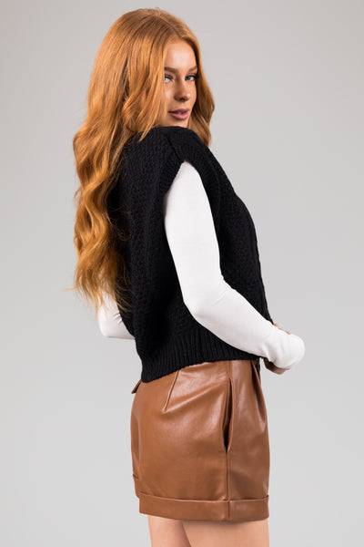 Black Thick Cable Knit Button Sweater Vest