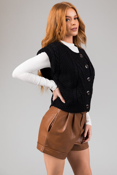 Black Thick Cable Knit Button Sweater Vest