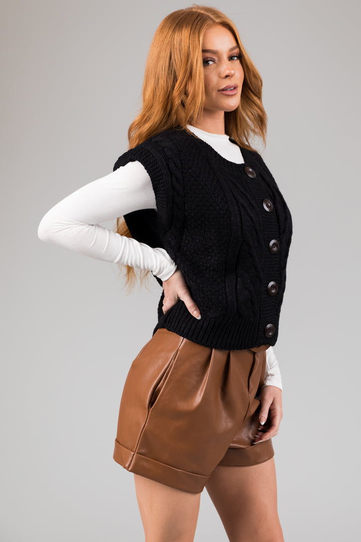 Black Thick Cable Knit Button Sweater Vest