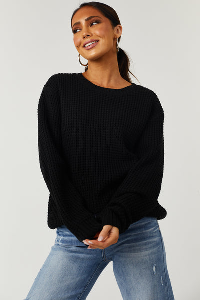 Black Thick Waffle Knit Curved Hem Sweater