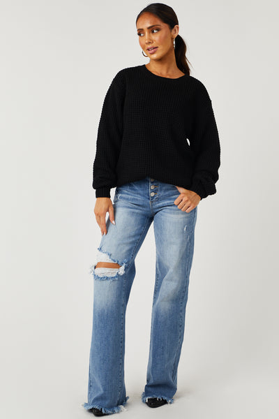Black Thick Waffle Knit Curved Hem Sweater