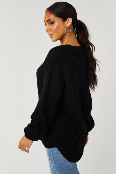 Black Thick Waffle Knit Curved Hem Sweater