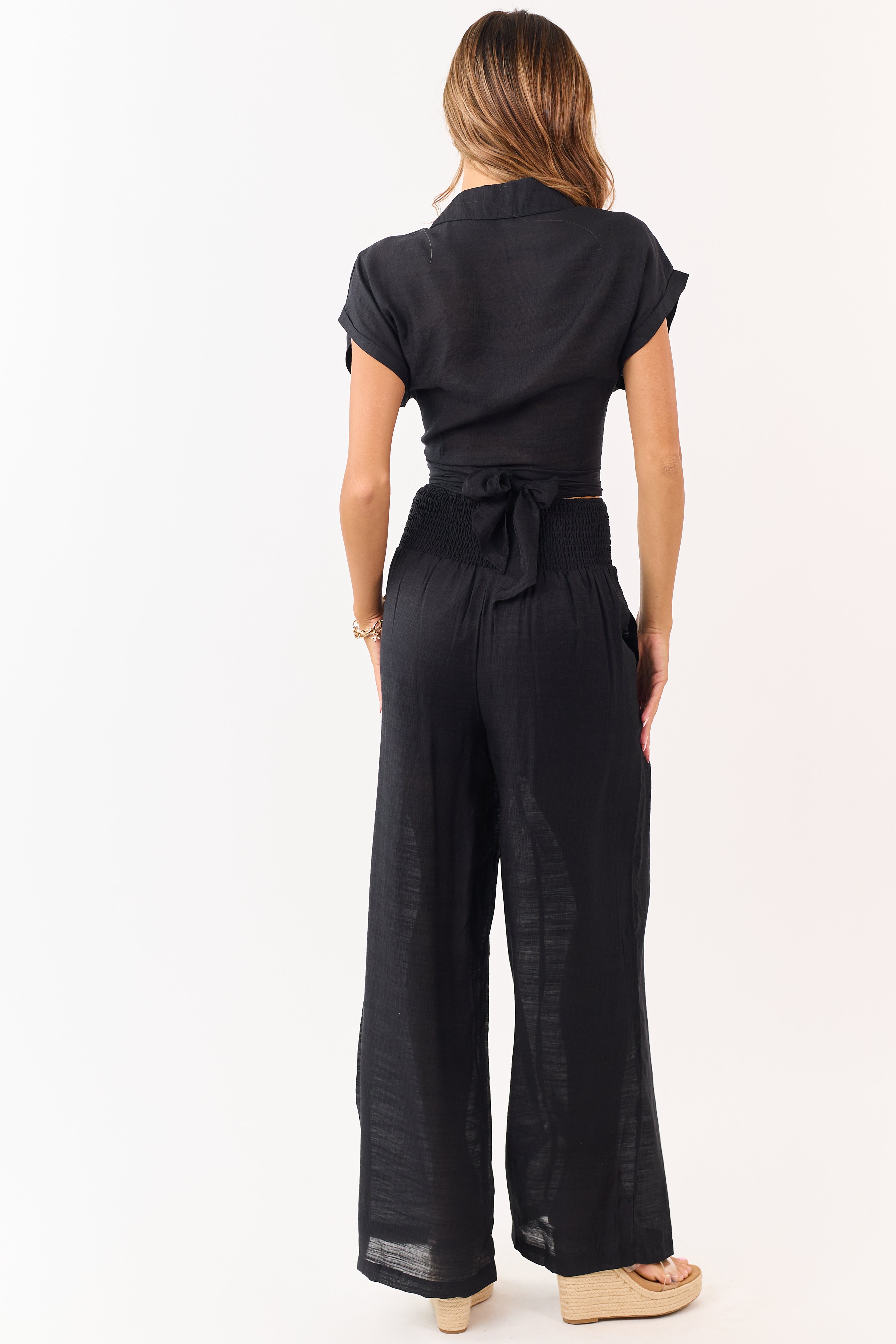 Black Tie Front Top and Wide Leg Pants Set