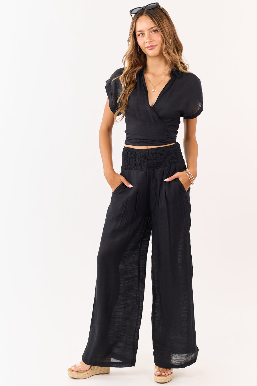 Black Tie Front Top and Wide Leg Pants Set