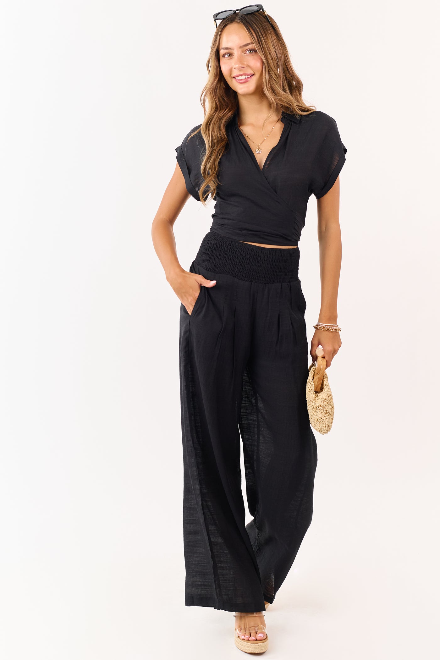 Black Tie Front Top and Wide Leg Pants Set
