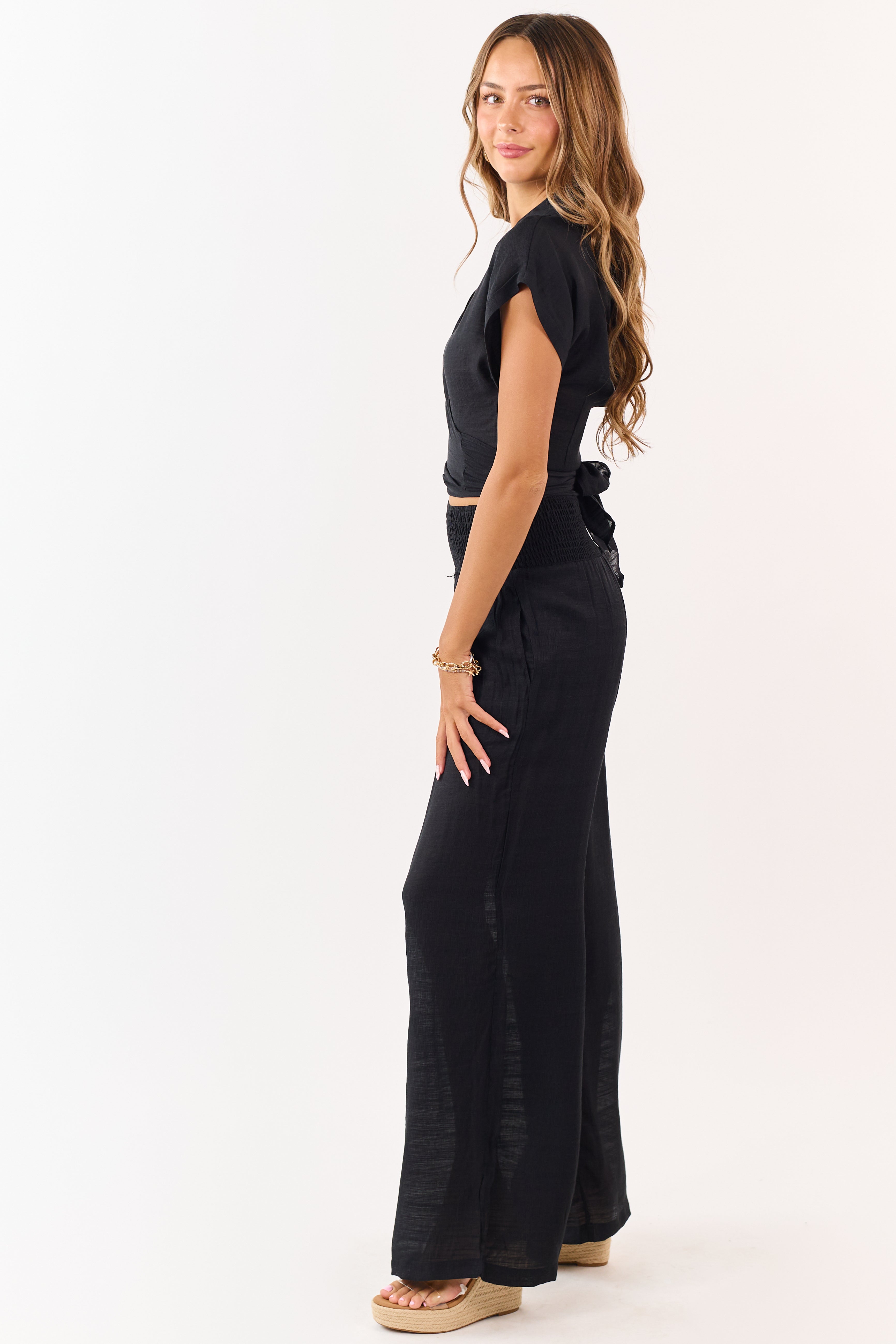 Black Tie Front Top and Wide Leg Pants Set