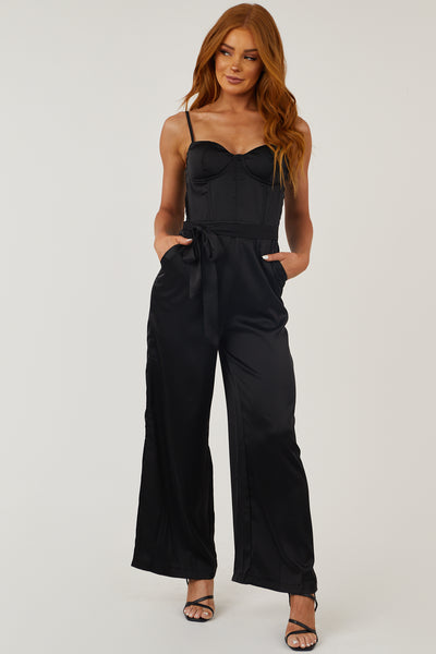 Black Tie Waist Wide Leg Satin Jumpsuit
