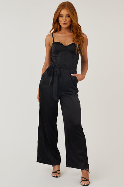 Black Tie Waist Wide Leg Satin Jumpsuit