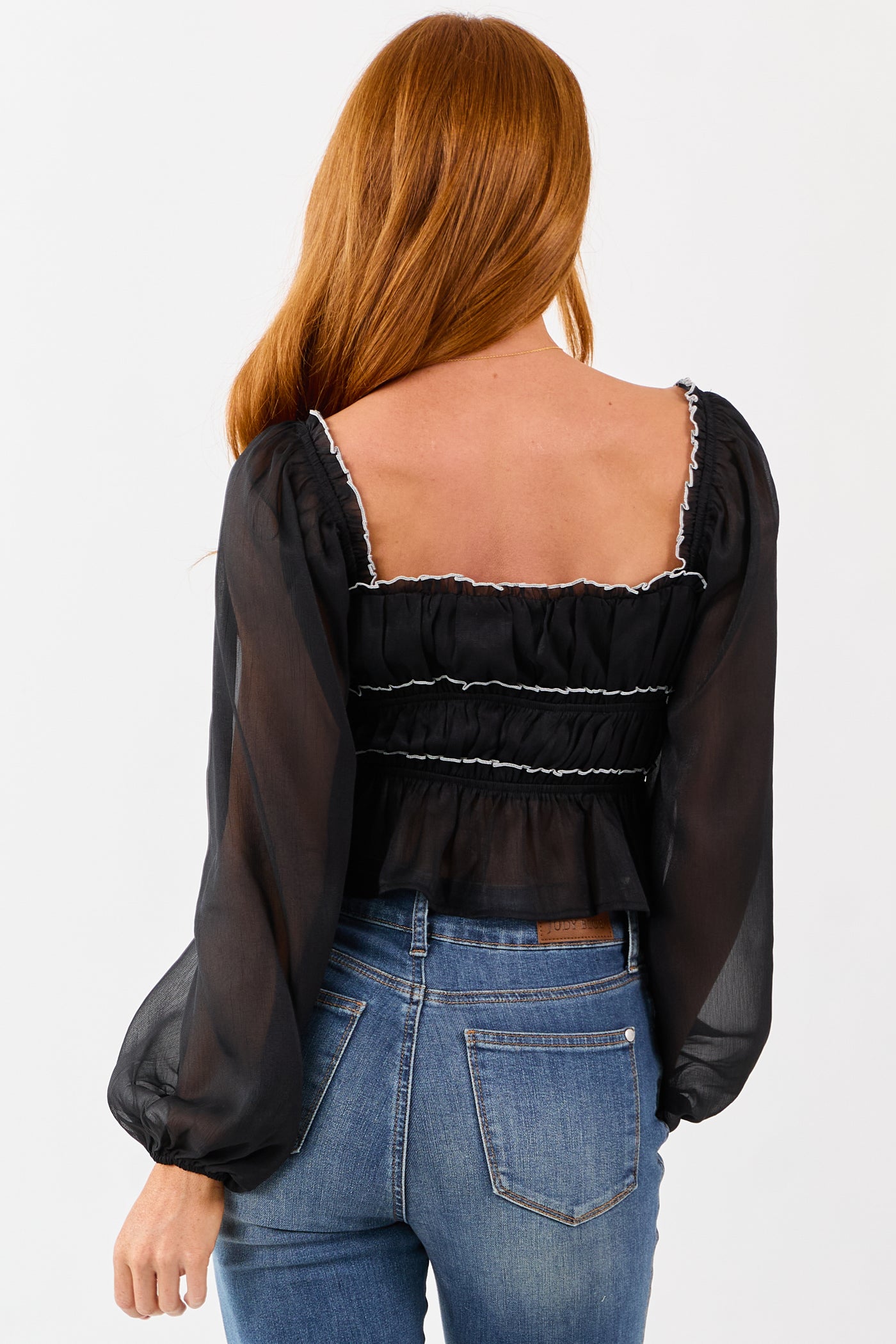 Black Tiered Bow Detail Lettuce Trim Long Sleeve Top