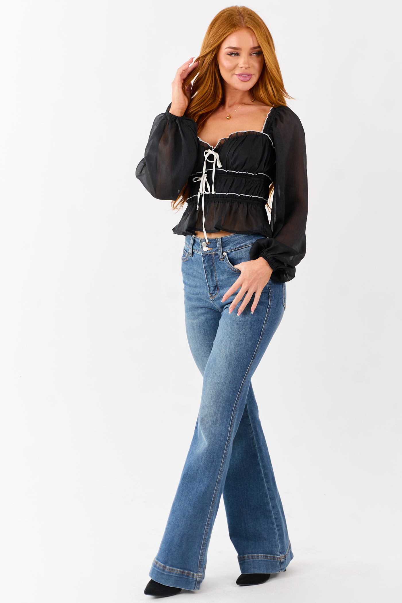 Black Tiered Bow Detail Lettuce Trim Long Sleeve Top
