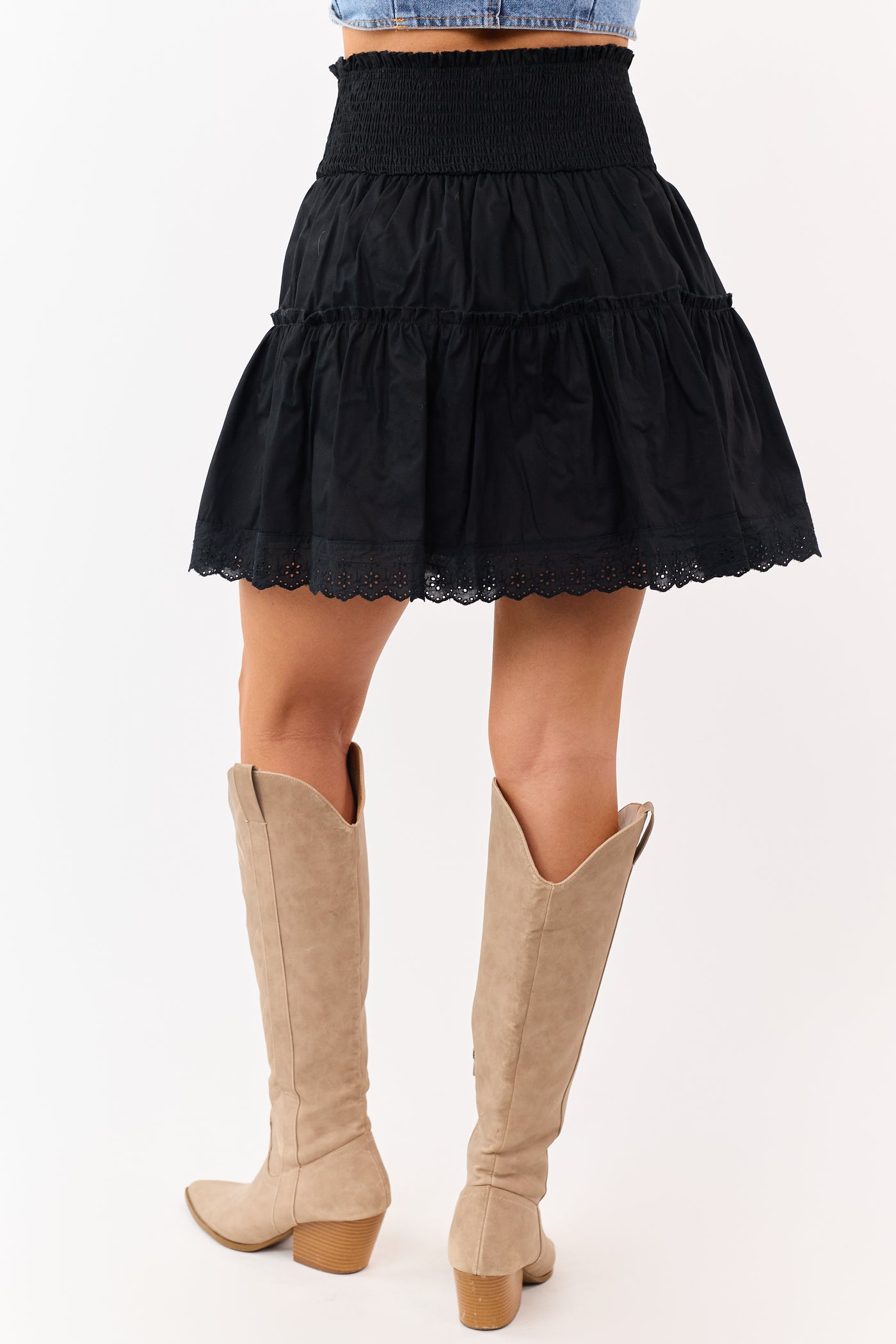 Black Tiered Cotton Lace Trim Smocked Mini Skirt