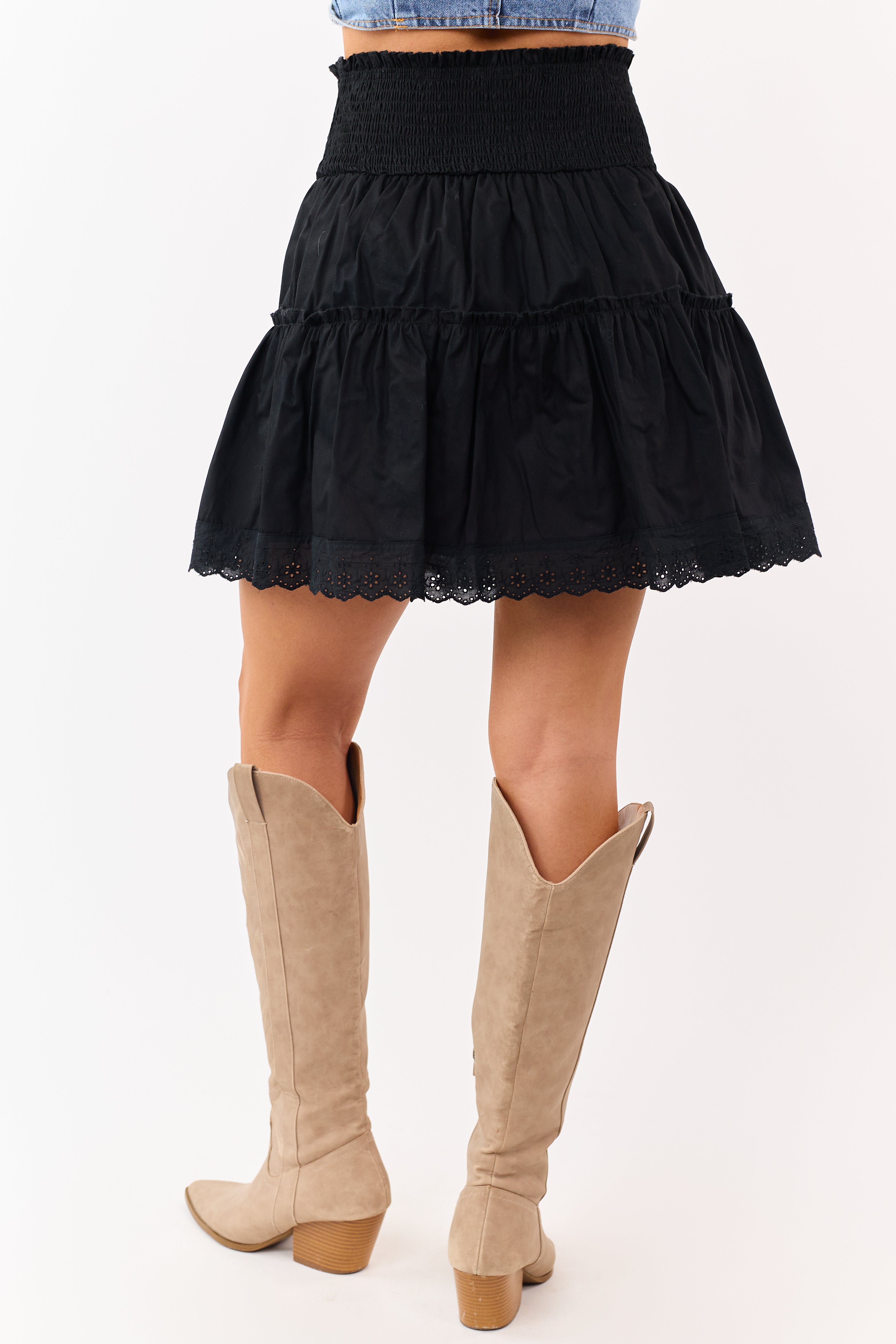Black Tiered Cotton Lace Trim Smocked Mini Skirt