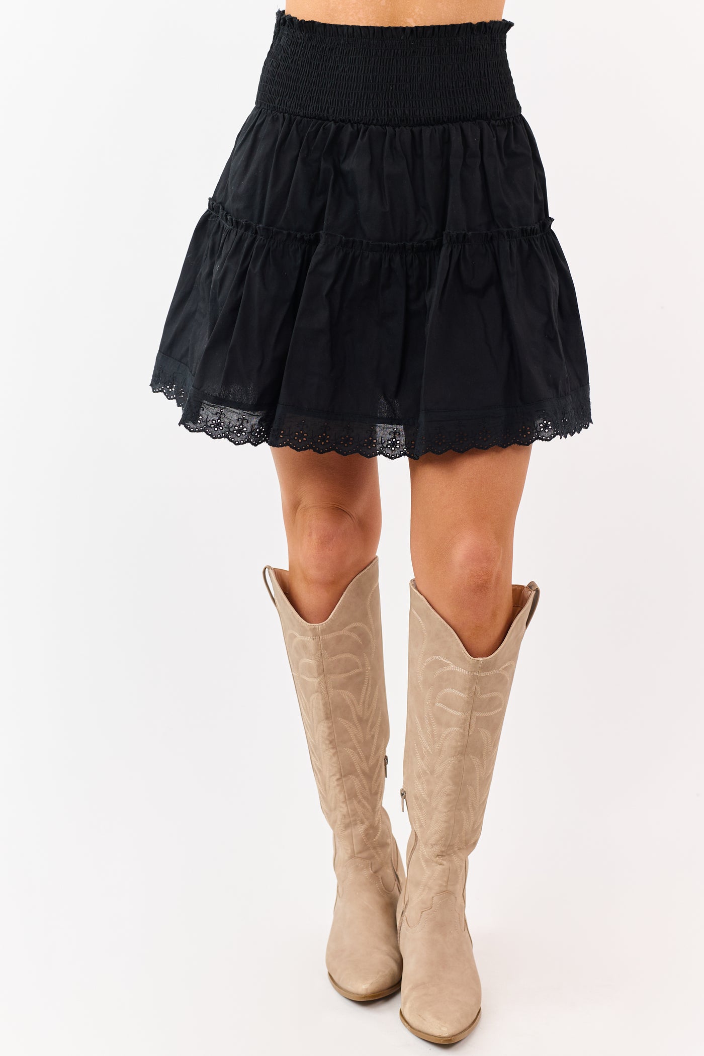 Black Tiered Cotton Lace Trim Smocked Mini Skirt