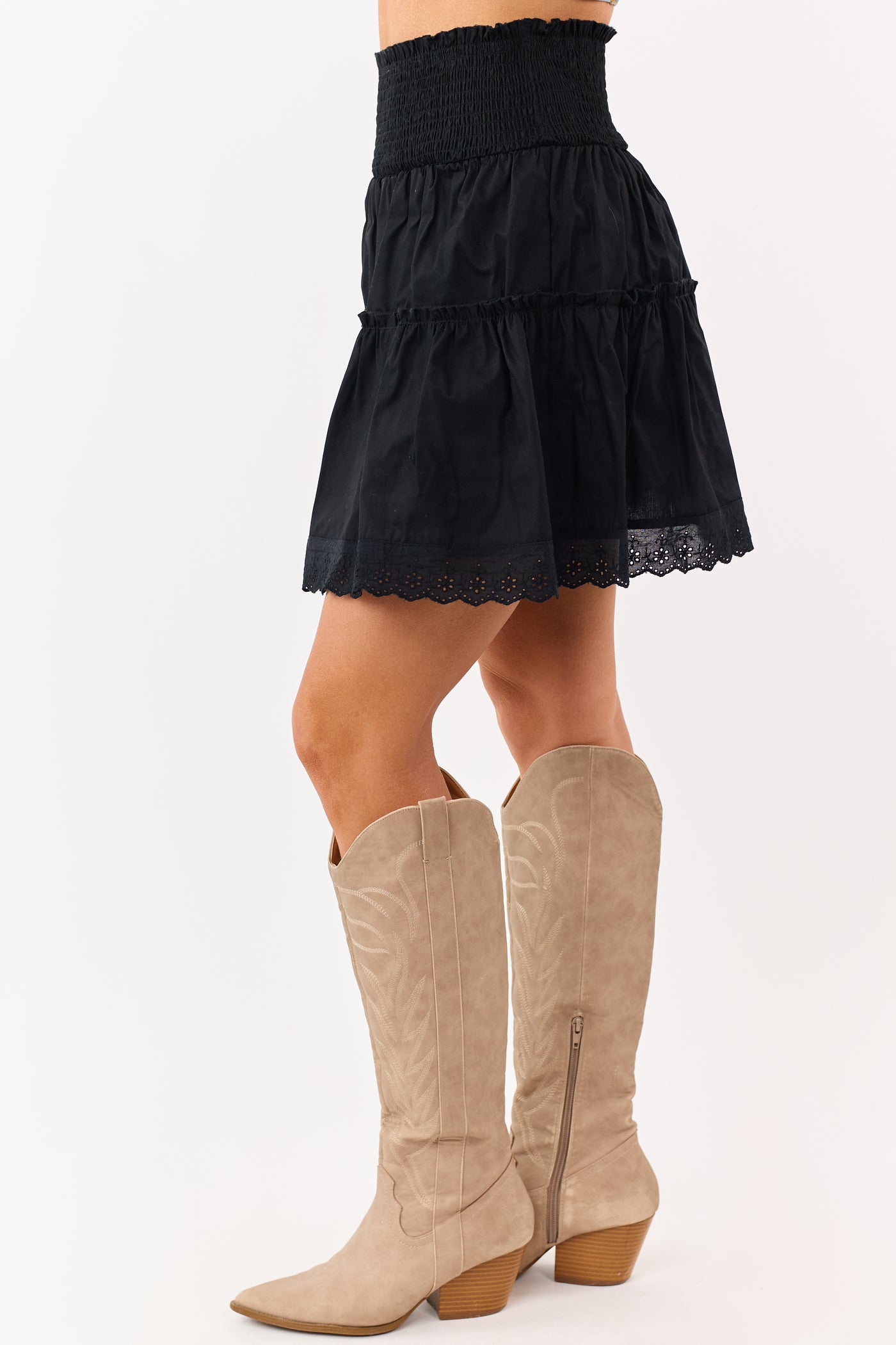 Black Tiered Cotton Lace Trim Smocked Mini Skirt