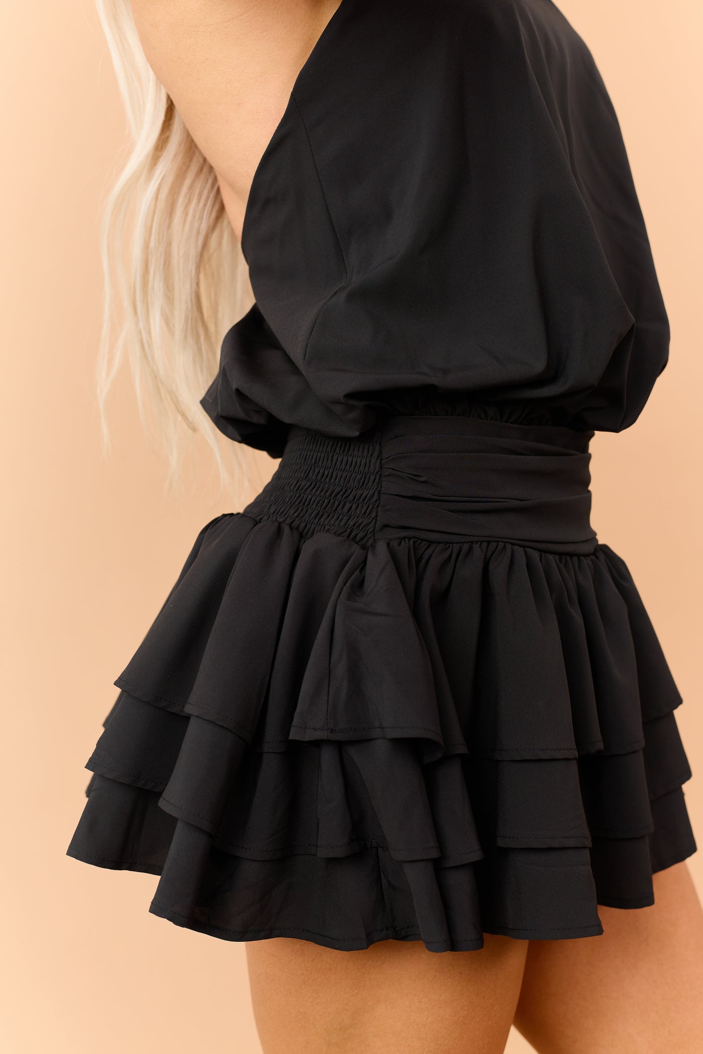 Black Tiered Ruffle Halter Neck Open Back Romper