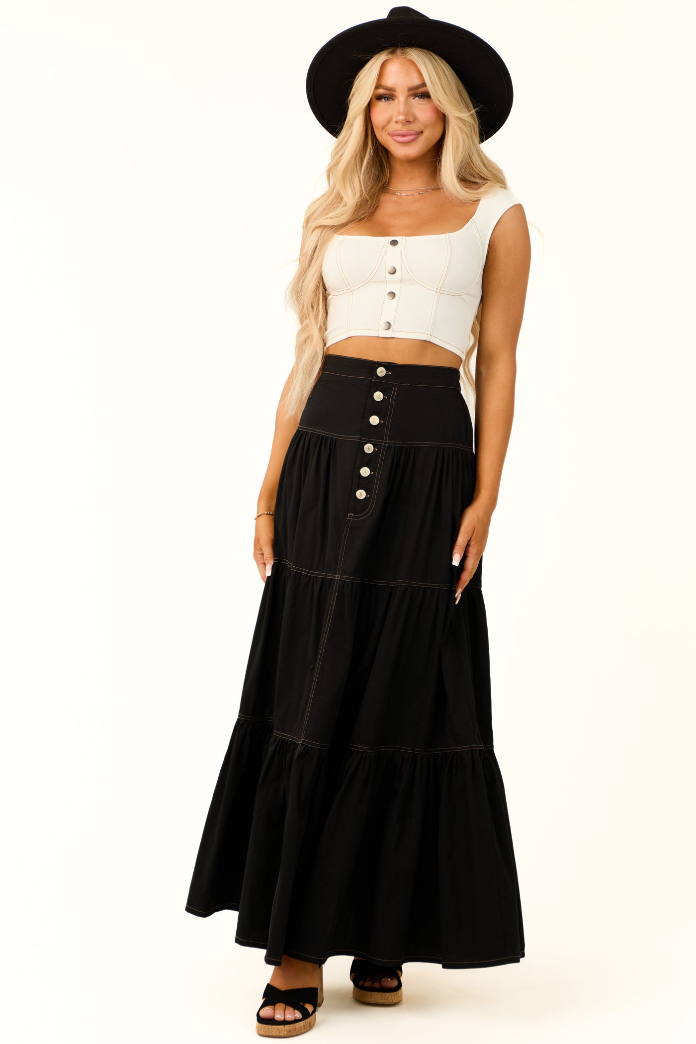 Black Tiered Seam Detail Buttoned Maxi Skirt