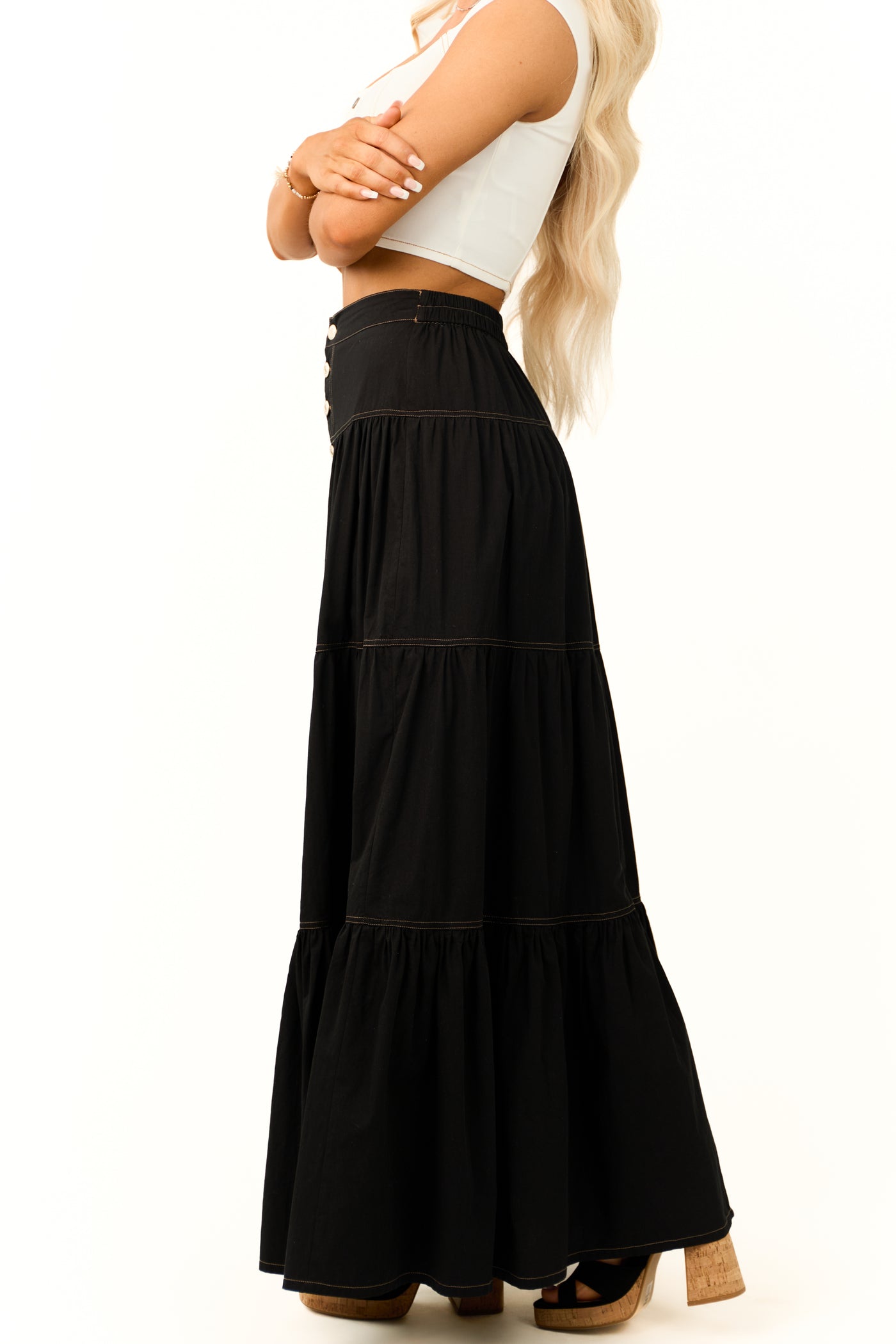 Black Tiered Seam Detail Buttoned Maxi Skirt