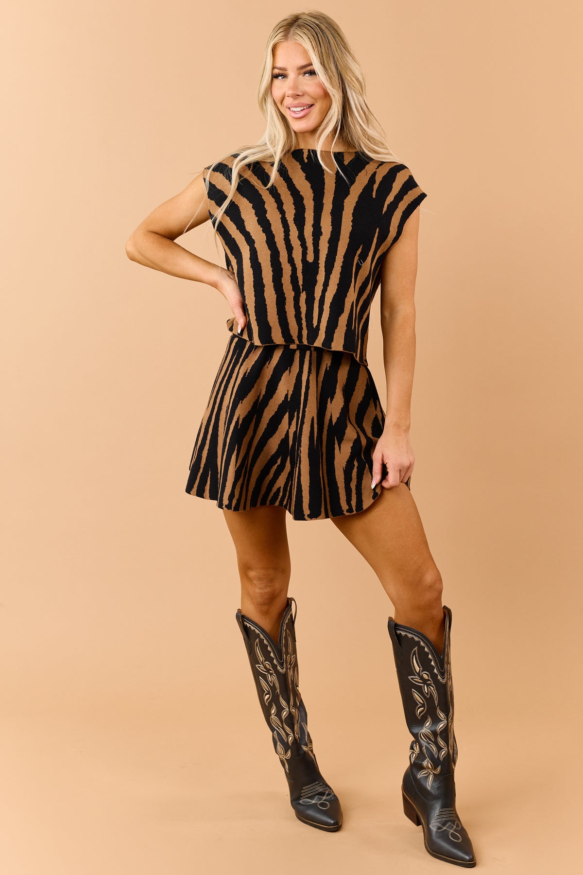 Black Tiger Print A-Line Soft Knit Mini Skirt